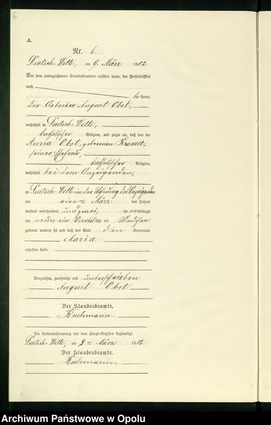 Obraz 10 z jednostki "Geburts-Neben-Register des Standesamts Deutsch Wette pro 1902"