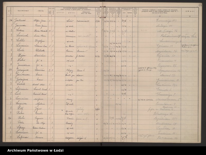 Obraz 17 z jednostki "Księga kontroli ruchu ludności (rejestr osób przybywających do gminy) Łódź, zespół III lit. H, I, J, L, Ł"