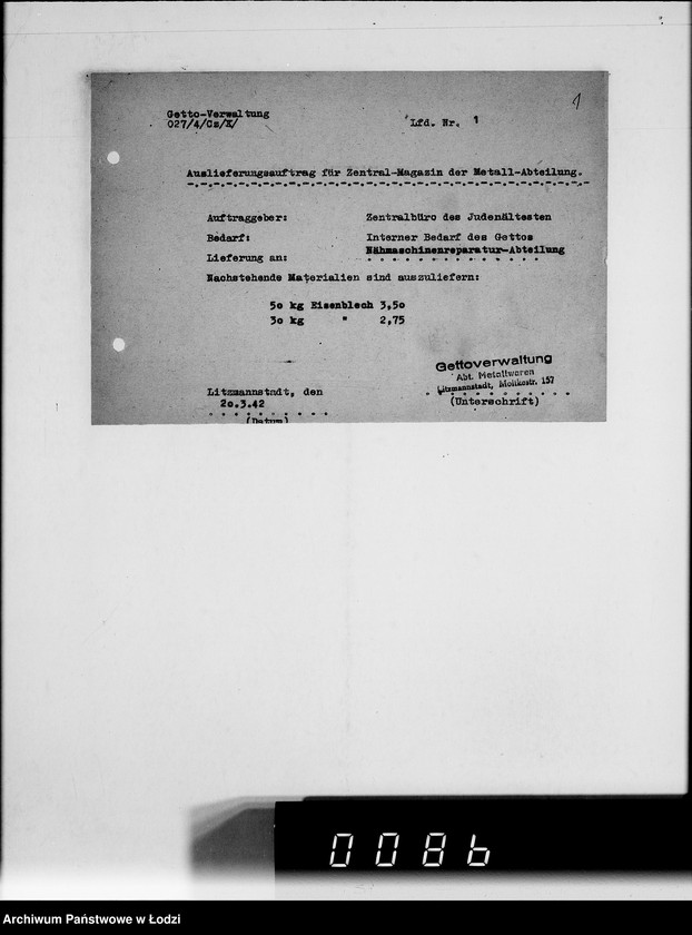 Obraz 5 z jednostki "Auslieferungsaufträge [na dostawę maszyn i artykułów metalowych do Getta]"