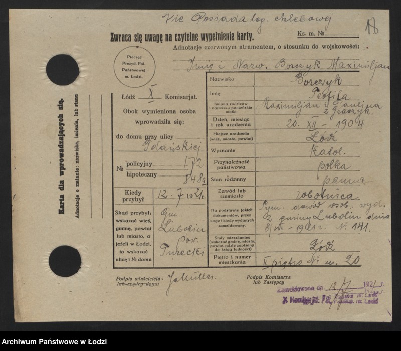 Obraz 20 z jednostki "[Spis ludności Łodzi] Borczuch - Borkowski"
