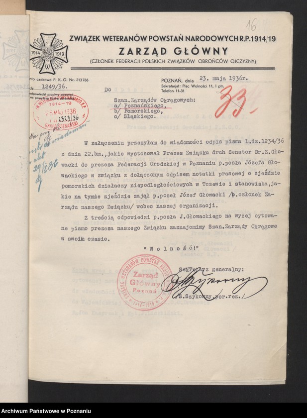 Obraz 20 z jednostki "Korespondencja Okręgu Poznańskiego Związku Weteranów Powstań Narodowych Rzeczypospolitej Polski i Związku Powstańców Wielkopolskich z Zarządem Głównym."