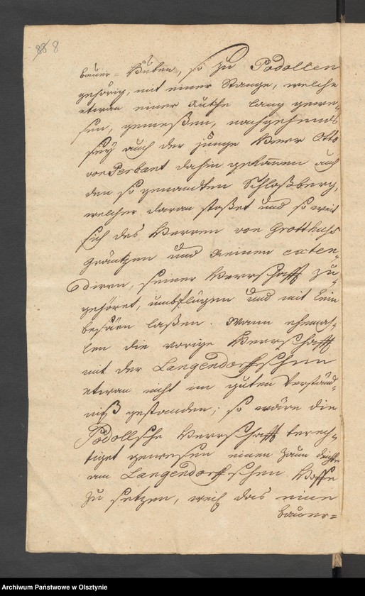 image.from.unit.number "In S. [Sachen] Carl Dieterich von Grothuß contra die verwittibte Tribunals=Vice=Praesidentin von Perbant wegen Umbpfügung und Besäung eines zu Podollen und Schalwen [Schallwen] gehörigen Stück Akers Garbnicken genannt"