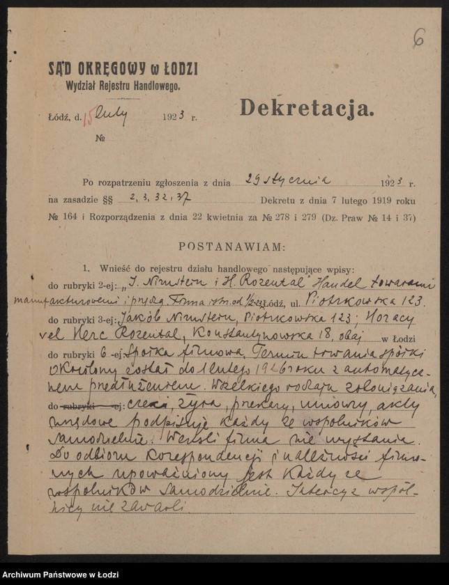 Obraz 8 z jednostki "J.Nirstein i H.Rozental- handel towarami manufakturowymi i przędzą"