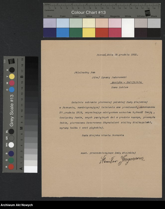 image.from.unit.number "Władze miejskie m. Poznania; Załączniki: a) zaproszenia; b) telegramy C. Ratajskiego (prez. m. Poznania) do E. B. Wilson (żony prez. W. Wilsona) i gen. Pershinga (rękopisy I. Paderewskiego dla C. Ratajskiego); c) telegramy E. B. Wilson, gen. I. Pershing