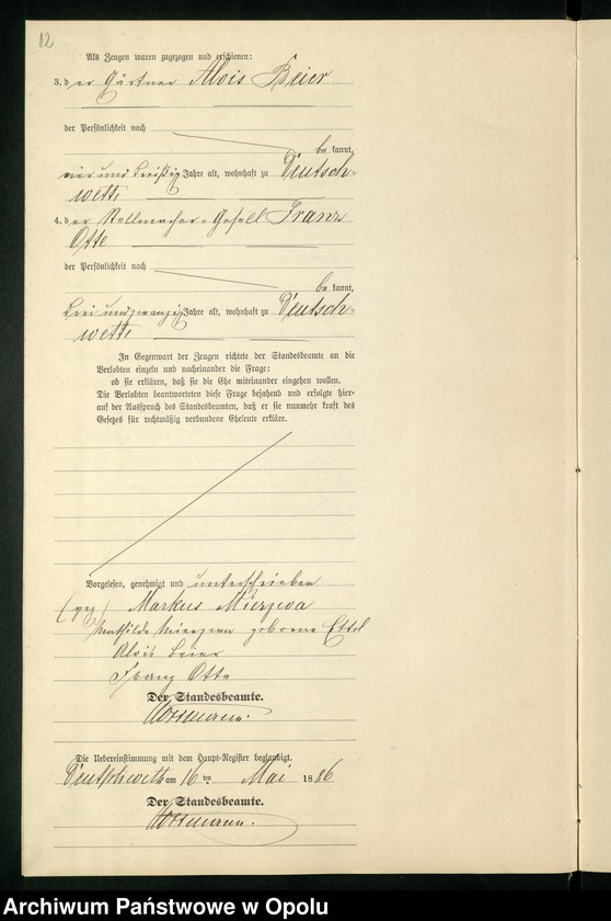 Obraz 16 z jednostki "Heiraths-Neben-Register des Standesamts Deutsch Wette pro 1886"