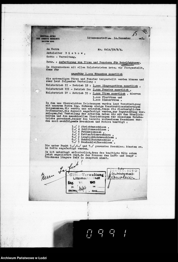 Obraz 19 z jednostki "Post an den Ältesten der Juden D.W.H.[Korespondencja dotycząca różnych prac w Getcie]"