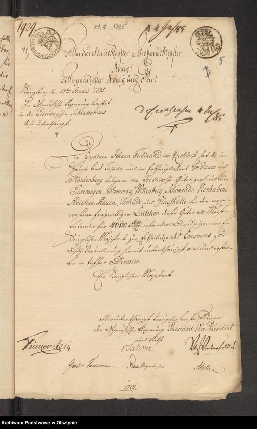 image.from.unit.number "In S. [Sachen] des Capitaine Johann Ferdinand von Knobloch, wegen der bey einer freiwilligen Licitation acquirirten Adel v. [von] Treskow Eiserwagenschen Güther"