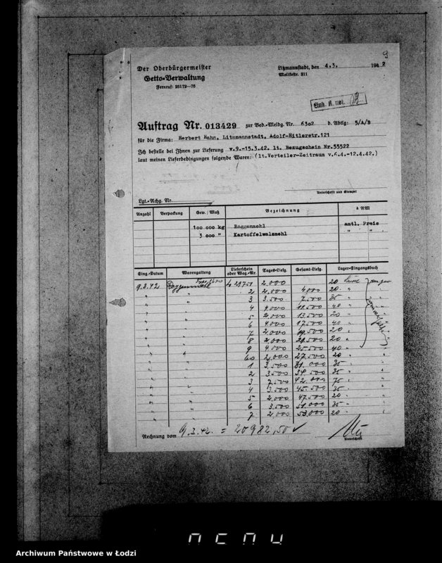 Obraz 5 z jednostki "Aufträge [Lieferscheinen und Rechnungen] 13416-13430 [Dostawa węgla i żywności do Getta]"