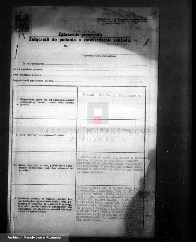 Obraz 5 z jednostki "/Zgłoszenie o ulepszeniu zakładu przemysłowego wytwórni luster i szyb szlifowanych/ w Poznaniu przy ul. Półwiejskiej 10/"