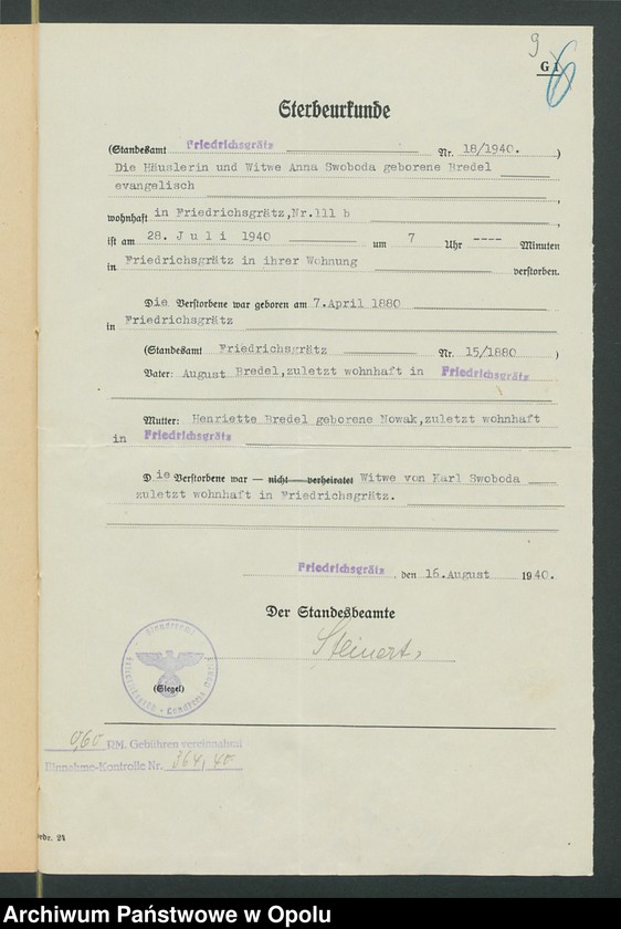 Obraz 13 z jednostki "Verfügung von Todes wegen der Anna Swoboda geb[oren] Bredel aus Friedrichsgrätz gestorben am 28.07.1940 zuletzt wohnhaft in Friedrichsgrätz."