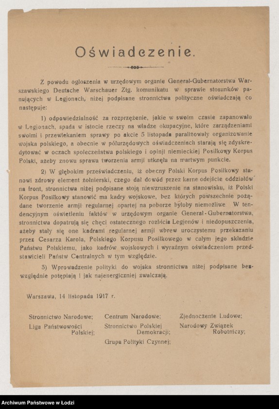 Obraz 1 z jednostki "[Oświadczenie stronnictw politycznych w sprawie Legionów Polskich]"