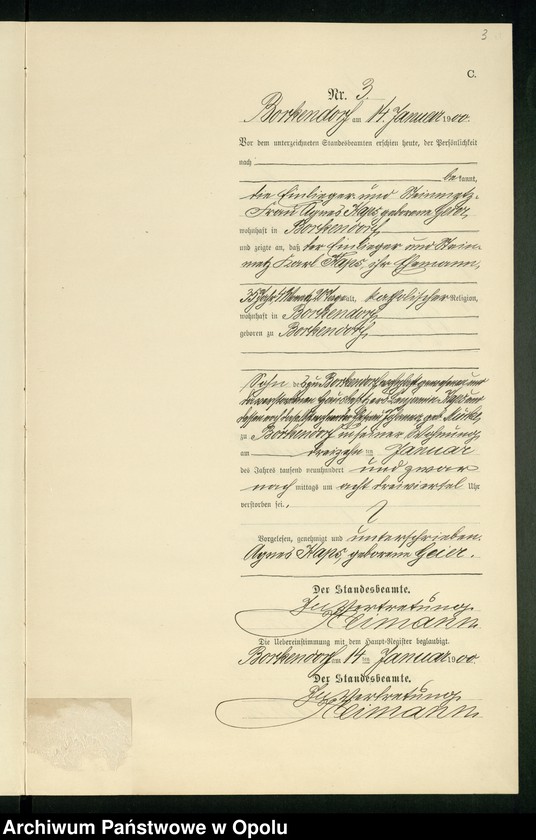 Obraz 7 z jednostki "Sterbe-Neben-Register des Standesamts Borkendorf pro 1900"