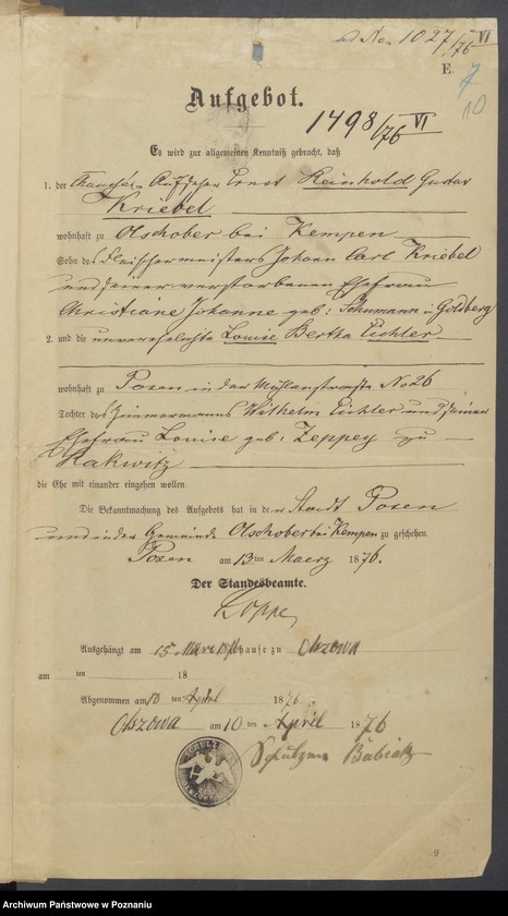 Obraz 12 z jednostki "Die von den Verlobten beigebrachten Urkunden zur Eheschliessung pro 1876"