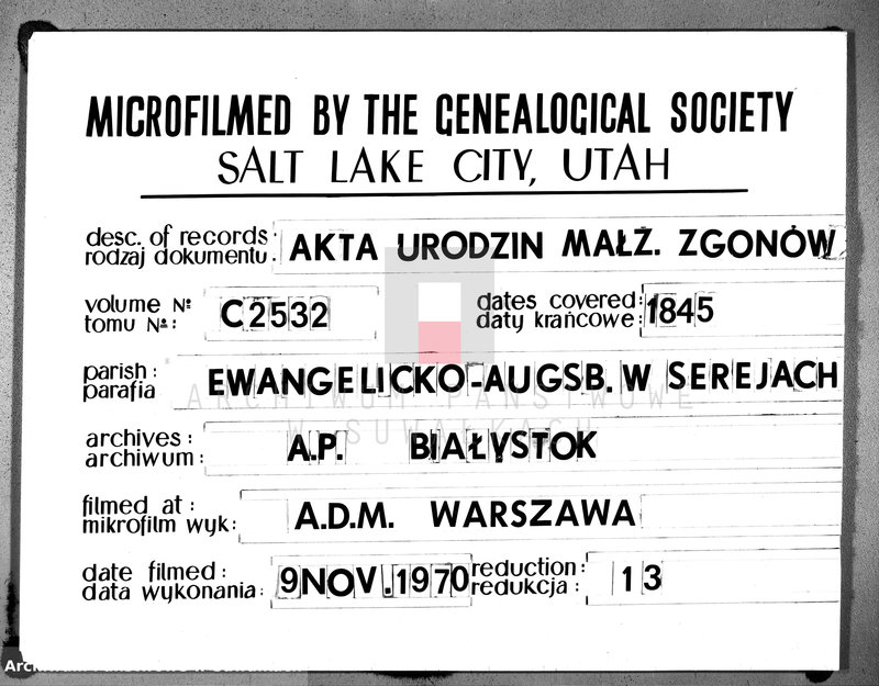 image.from.unit.number "Księga Duplikat do zapisywania aktów Urodzenia, Zaślubienia i Zeyścia w Parafii Ewangelickiey Sereyskiey w roku 1845"