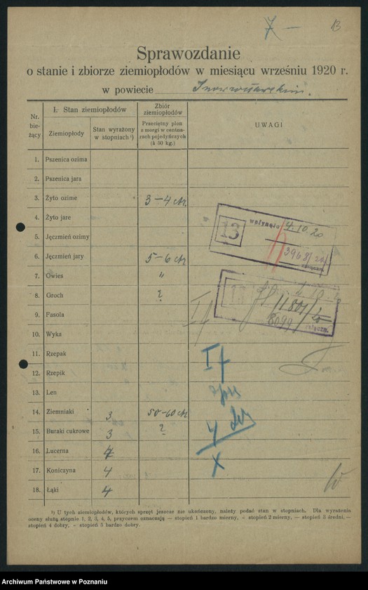 Obraz 15 z jednostki "[Sprawozdanie o stanie i zbiorze ziemiopłodów w miesiącach wrześniu i październiku 1920 w poszczególnych powiatach]"