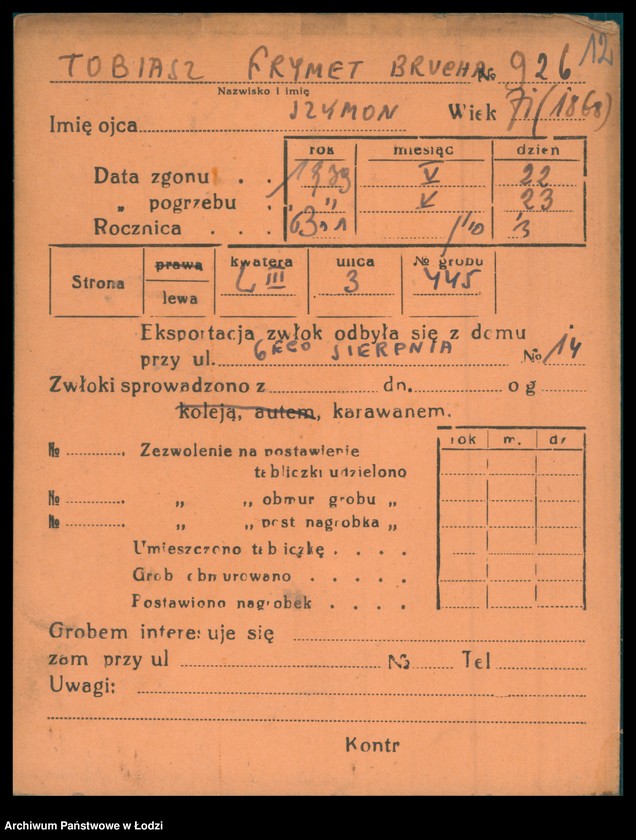 Obraz 13 z jednostki "Kartoteka osób pochowanych na cmentarzu żydowskim przy ulicy Brackiej w latach 1892-1957. Nazwiska na litery: To-Ty"