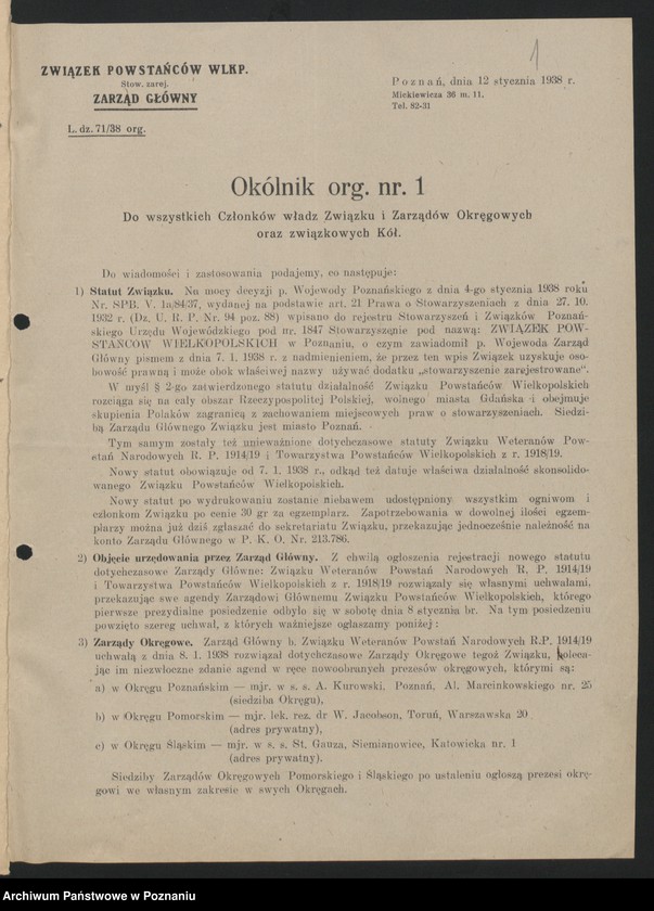 Obraz 4 z jednostki "Okólniki własne Zarządu Głównego Związku Powstańców Wielkopolskich."