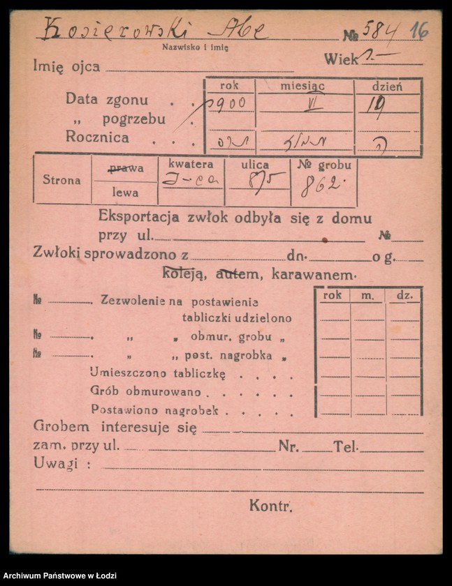 Obraz 17 z jednostki "Kartoteka osób pochowanych na cmentarzu żydowskim przy ulicy Brackiej w latach 1892-1959. Nazwiska na litery: Kos-Kra"