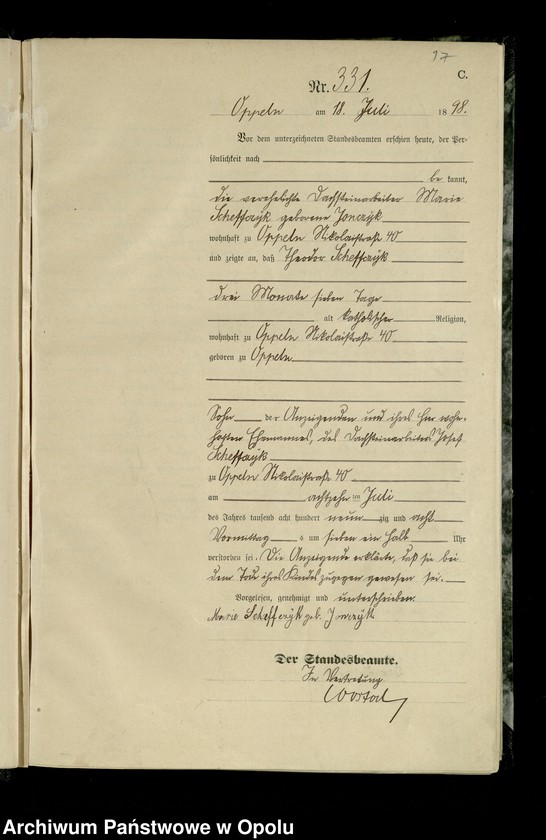 Obraz 20 z jednostki "Urząd Stanu Cywilnego w Opolu 1898 Rejestr zgonów Księga Miejscowa Nr 315 do 632"