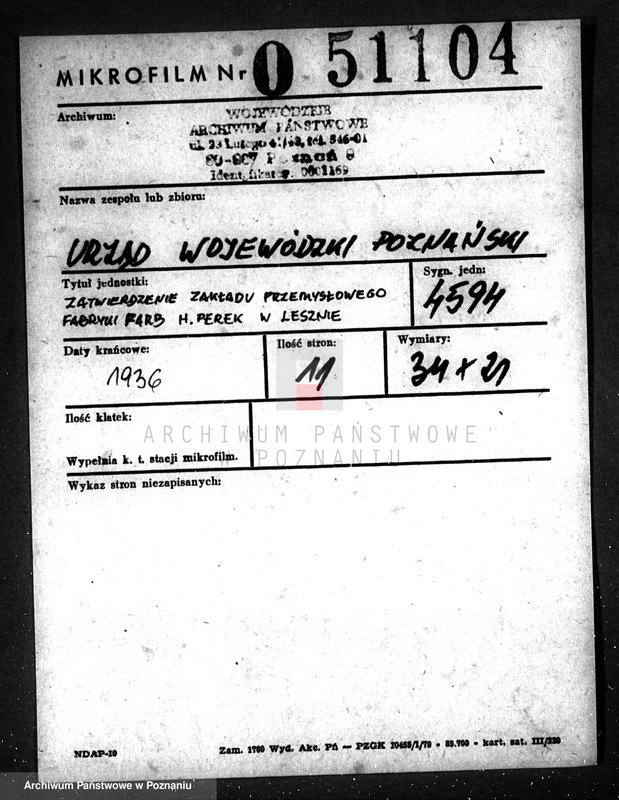 Obraz 2 z jednostki "Zatwierdzenie zakładu przemysłowego /fabryki farb/ H. Perek w Lesznie"