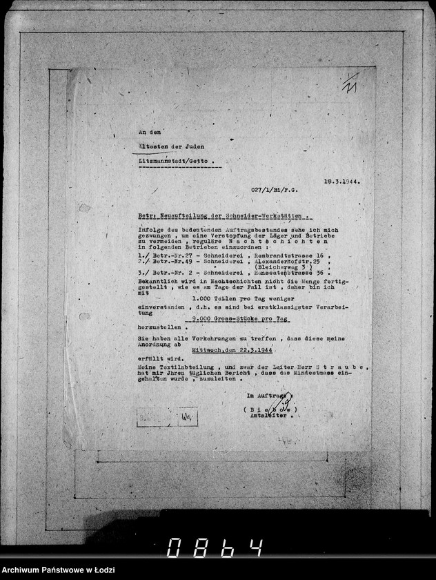 Obraz 15 z jednostki "Juden-Schreiben [Pisma skierowane do Przełożonego Starszeństwa Żydów w Getcie Łódzkim]. Nr.10569-20040"