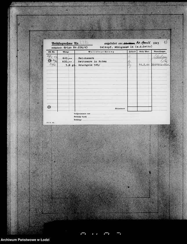 Obraz 19 z jednostki "Kripo 2201-2400 [Kartoteka skonfiskowanego majątku ruchomego u Żydów]"