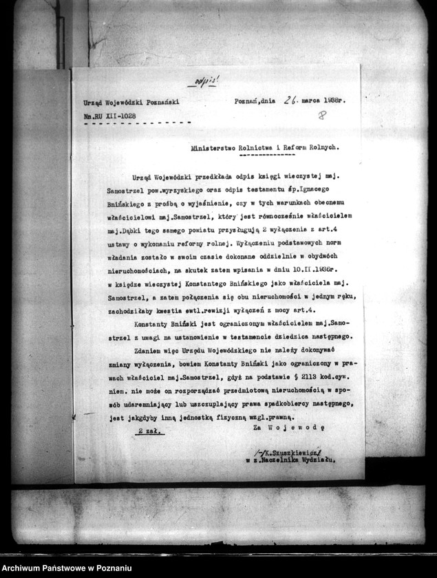 Obraz 12 z jednostki "Wyłączenie z art.. 4 ustawy o wykonaniu reformy rolnej z majątku Samostrzel i Dąbki powiatu wyrzyskiego własność Konstantyna Bnińskiego"