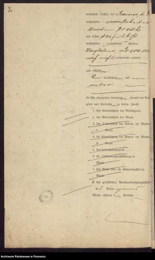 Obraz 4 z jednostki "Die von den Verlobten beigebrachten Urkunden zur Eheschliessung pro 1897"