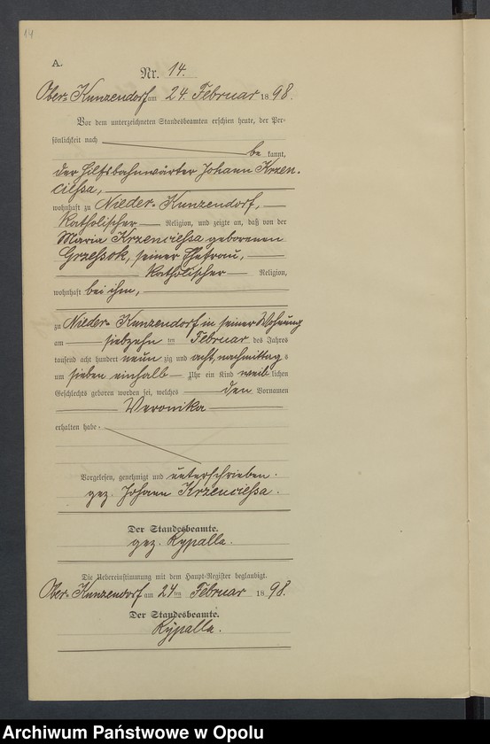 Obraz 18 z jednostki "Geburts-Neben-Register Standesamts Kunzendorf pro 1898"