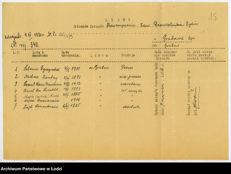 Obraz 18 z jednostki "Stowarzyszenie Zawodowe Rzemieślników Zydów w Grabowie pow. łęczycki"