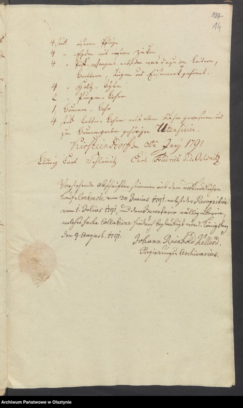 image.from.unit.number "In S. [Sachen] des v. [von] Schleinitz den Verkauf seines adelichen Guths Kirsteinsdorf [ Kiersztanowo] H. [Haupt] Amts Osterode [Ostróda] an den Lieutenant v. [von] Oelsnitz auf Plowenzin in Westpreussen"