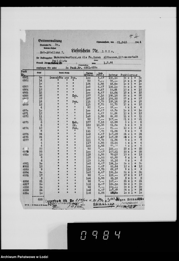 Obraz 9 z jednostki "Auftrag 5919. Damen-Hüte für F-ma Eugen Althausen Litzmannstadt"