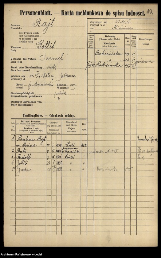 Obraz 14 z jednostki "[Spis ludności Łodzi] Rajssmesser-Rakowienko"
