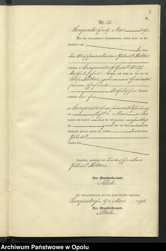 Obraz 17 z jednostki "Geburts-Neben-Register des Standesamts Langendorf pro 1892"