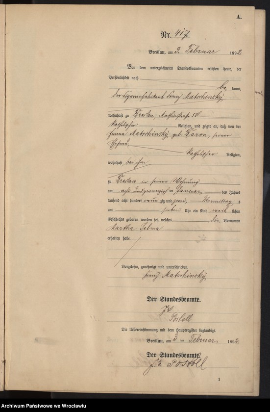 Obraz 20 z jednostki "Księga urodzeń Wrocław III 1892 t.01"