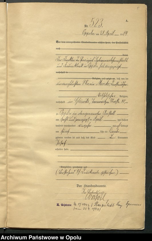 Obraz 9 z jednostki "Urząd Stanu Cywilnego Opole Księga Urodzeń Rok 1914 520-1033"