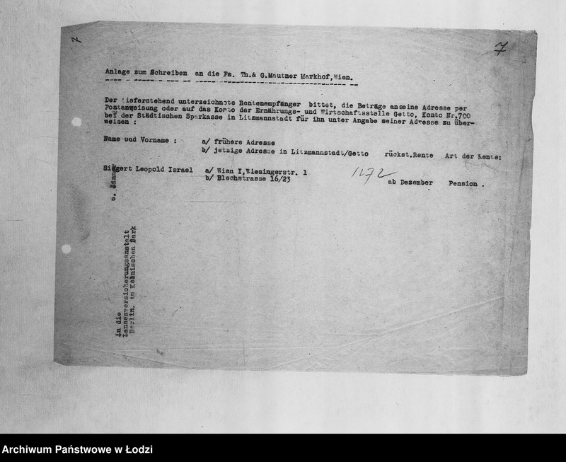 Obraz 10 z jednostki "Banken [Wykazy zagranicznych Żydów wsiedlonych do getta łódzkiego, którym należały się renty od instytucji ubezpieczeniowych oraz banków zachodnich]"