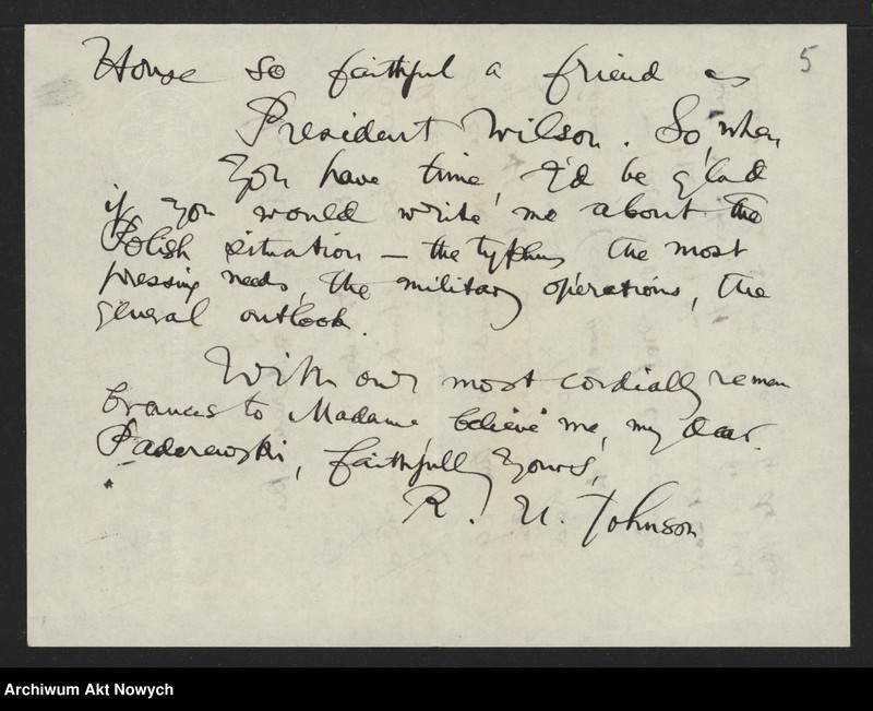 image.from.unit.number "Johnson Robert Underwood; Załączniki: a) "American Academy of Arts and Letters" (broszura); b) mowa R. U. Johnsona (maszynopis); c) wiersz "Woodrow Wilson"; d) wycinek prasowy; L.31 (odpowiedzi - rękopisy)"