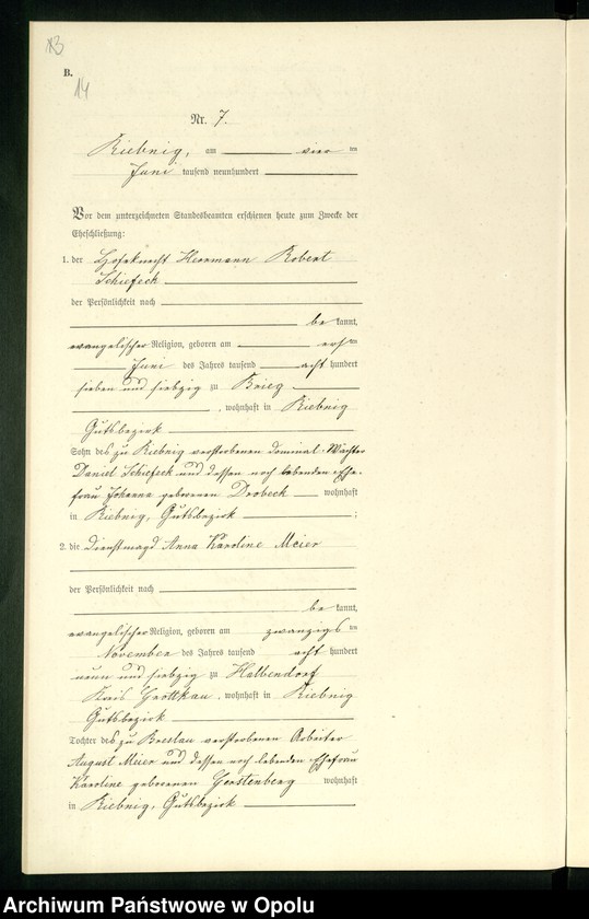 Obraz 17 z jednostki "Heiraths-Neben-Register Standes-Amt Riebnig 1900"