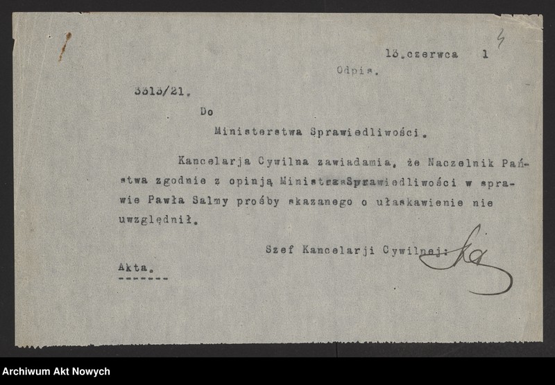 image.from.unit.number "Ułaskawienia z b. Kongresówki - nieuwzględnione, ale najczęściej objęte amnestią, dotyczące zabójstw, pobicia, kradzieży, oszustwa, spraw mieszkaniowych, gorzelnictwa, zniesławienia, zniewagi duchowieństwa i obrządków kościoła rzymsko - katolickiego, wykroczeń funkcjonariusza policji, występowania przeciw służbie wojskowej oraz powtarzania w czasie odwrotu wojska polskiego rzekomych wieści o jego klęskach"