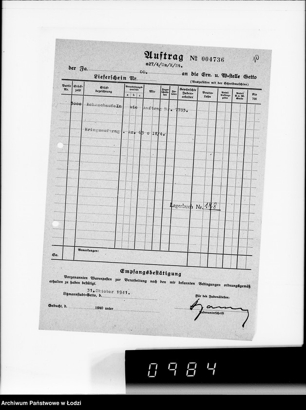 Obraz 14 z jednostki "Amt für zentrale Vewaltungsaufgaben der Luftwaffe Kriegsauftrag 49/41 A.z.V.3000 Kehrschaufeln"