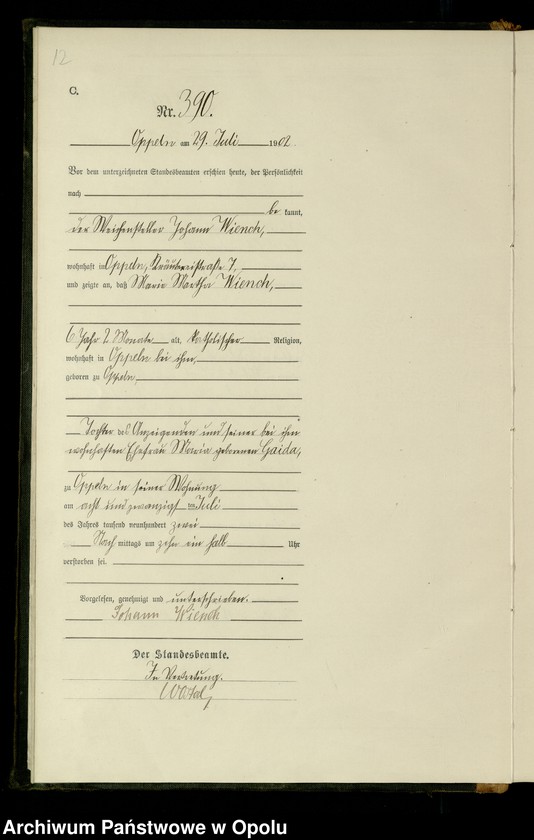 Obraz 15 z jednostki "Urząd Stanu Cywilnego w Opolu 1902 Rejestr zgonów Księga Miejscowa Nr 378 do 633"