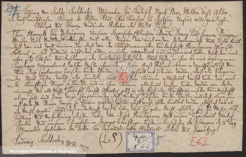 Obraz 2 z jednostki "Ludwik z Szołdr Szołdrski wojewoda kaliski, zarządca miasta Leszna przypomina władzom miejskim i wszystkim mieszkańcom Leszna o obowiązku płacenia przez"