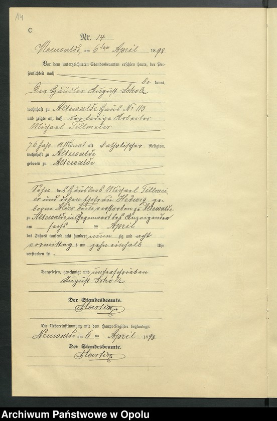 Obraz 18 z jednostki "Sterbe-Neben-Register des Standesamts Altewalde pro 1898"
