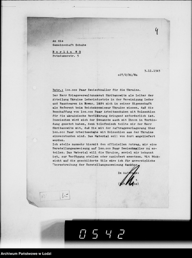 Obraz 8 z jednostki "Reichskommisar Ukraine. [Korespondencja w sprawie realizacji zamówień dla Ukraine Lederindustrie G.m.b.H w Równem]"