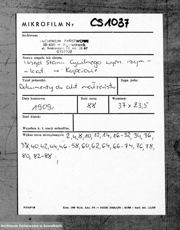 Obraz 2 z jednostki "Dokumenty k aktam brakosočetavšichsja Kopciovskago Rimsko-Katoličeskago prichoda za 1909 god"