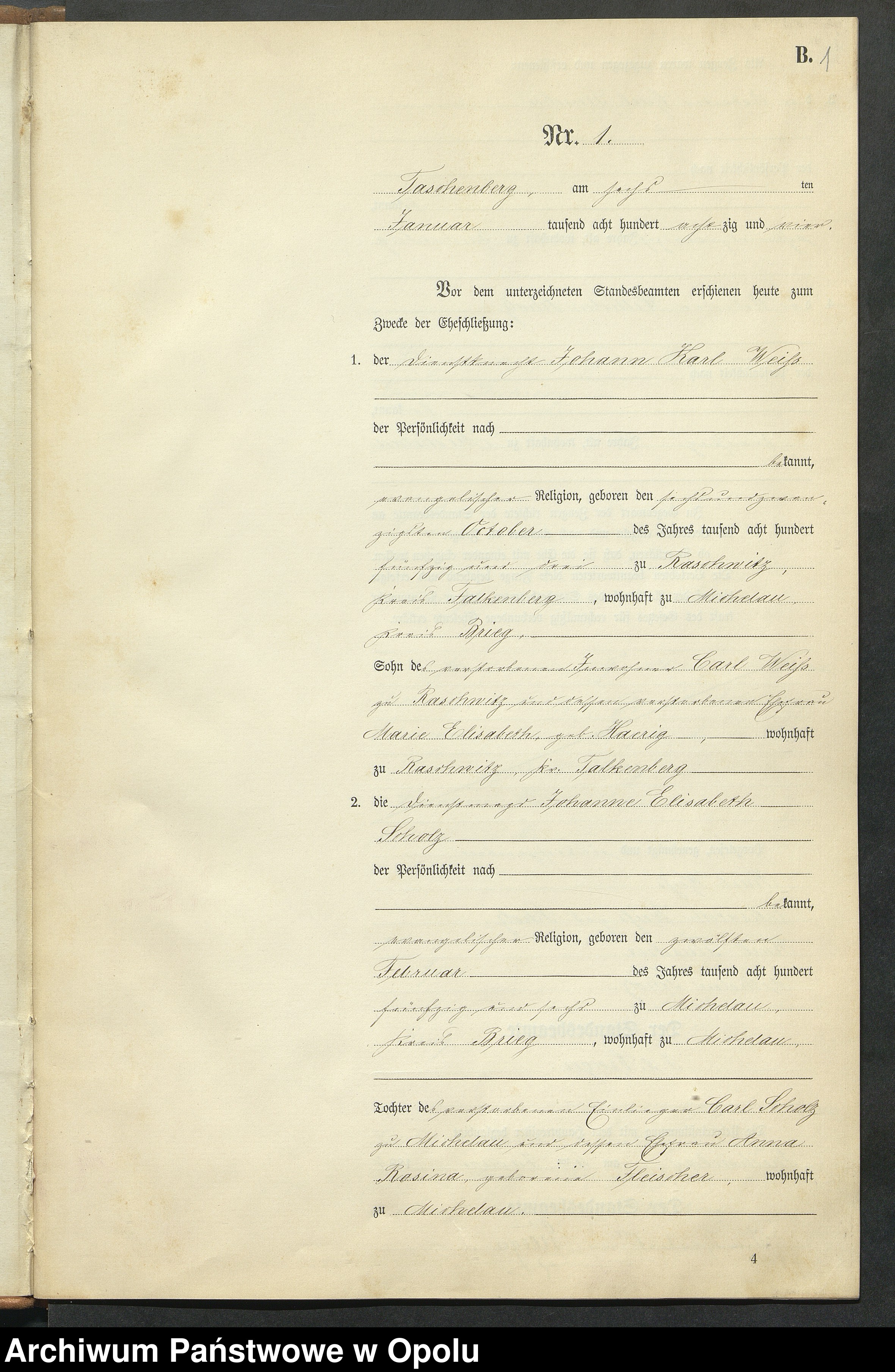 Skan z jednostki: Heiraths-Neben-Register Standes-Amt Taschenberg-Michelau 1884