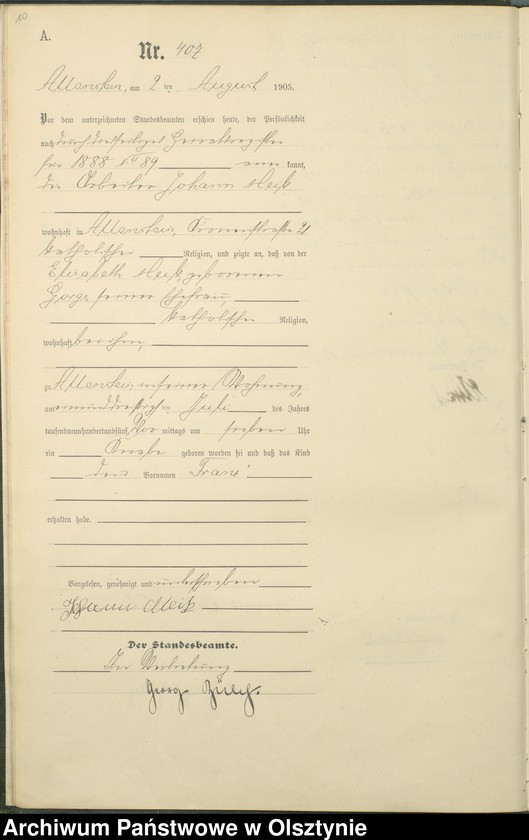 image.from.unit.number "Geburts-Haupt-Register Tom II, Nr 399 - 722"