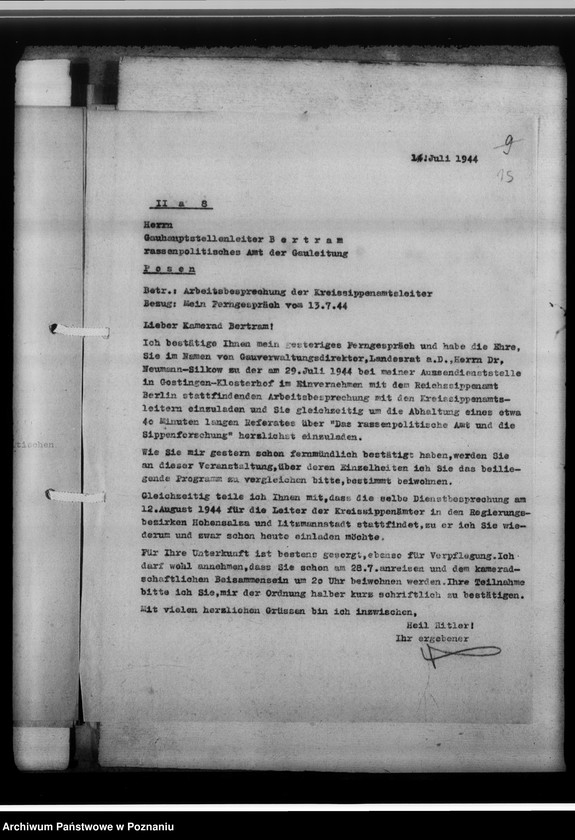 Obraz 19 z jednostki "Arbeitsbesprechung der Sippenamtsleiter in Gostingen [Gostyń, porządek obrad i sprawozdanie z zebrania kierowników powiatowych urzędów do spraw genealogicznych z terenu województwa poznańskiego]"