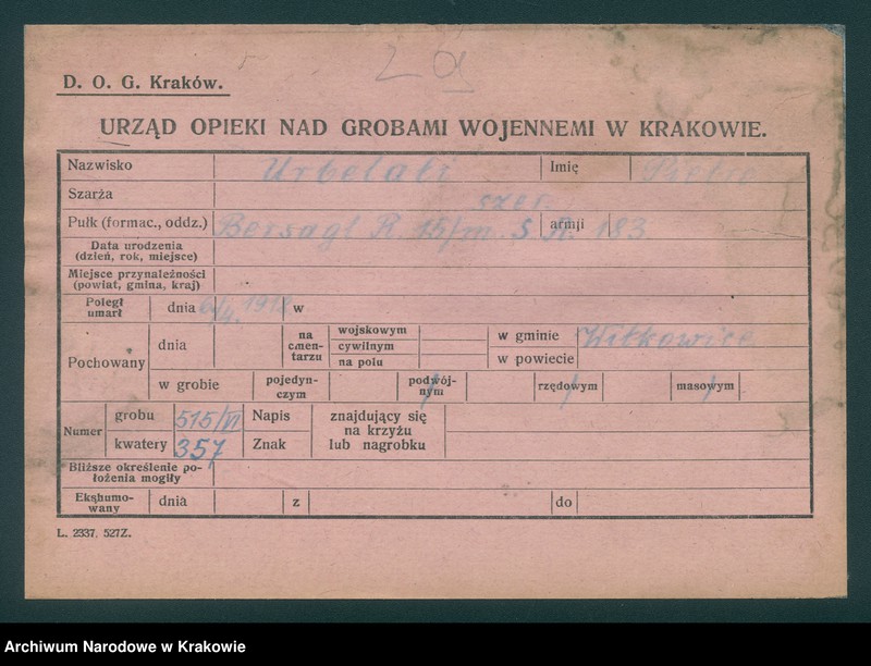 image.from.unit.number "Karty ewidencyjne zmarłych Włochów na terenie powiatów Zabrek, Cernovir, Witkowitz (Czechy)."